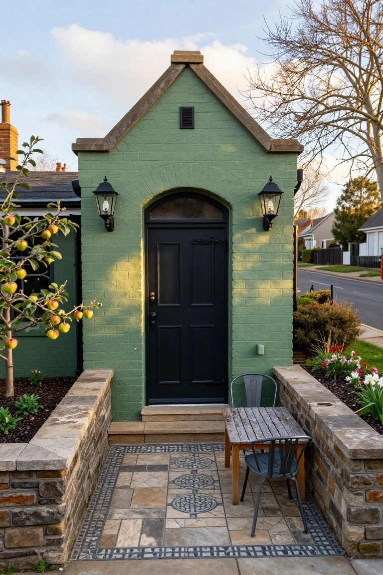 Green painted brick house exterior with black front door in arched opening, flanked by lanterns, small stone patio with table and chairs, fruit tree, and garden bed.