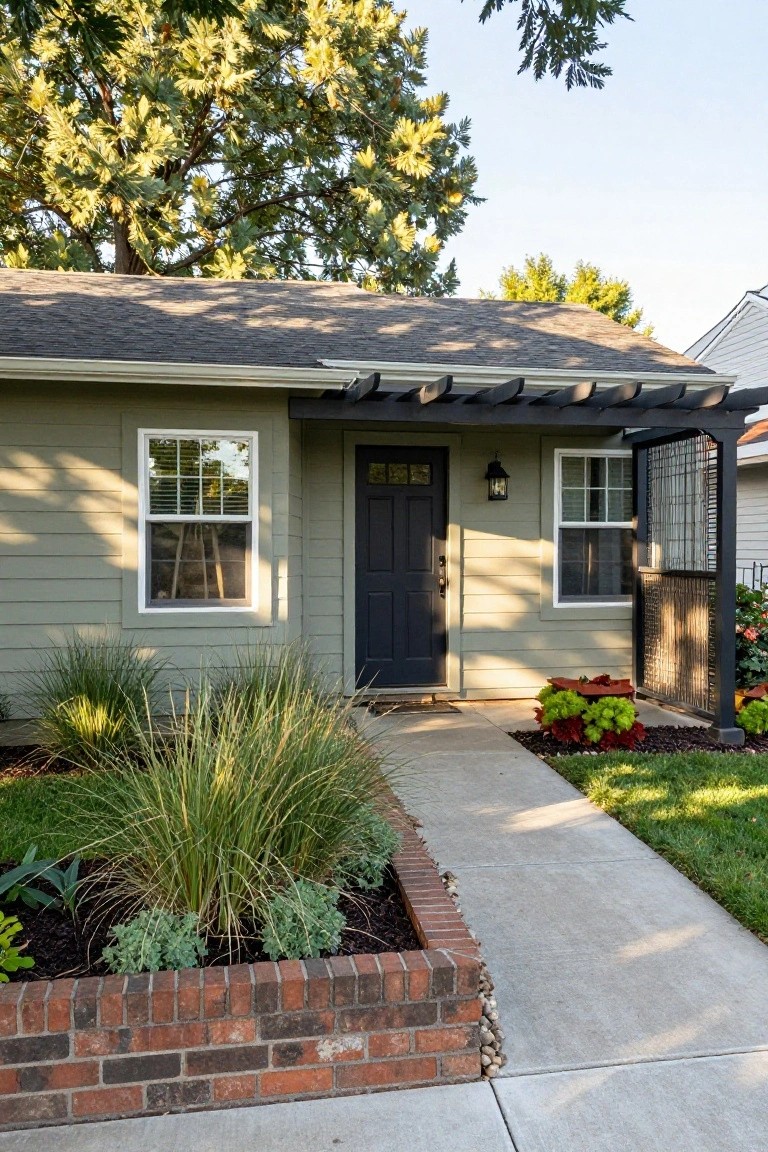 A single-story house with sage green siding, dark wood front door, white-trimmed windows, pergola over the entry, brick-edged garden bed with grasses, and concrete walkway.