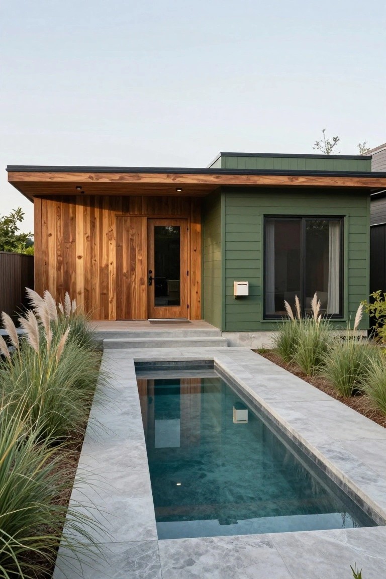 Modern single-story house with sage green vertical siding, wooden door and accents, concrete steps leading to entry, small rectangular pool, gray stone path, and tall ornamental grasses in a yard.