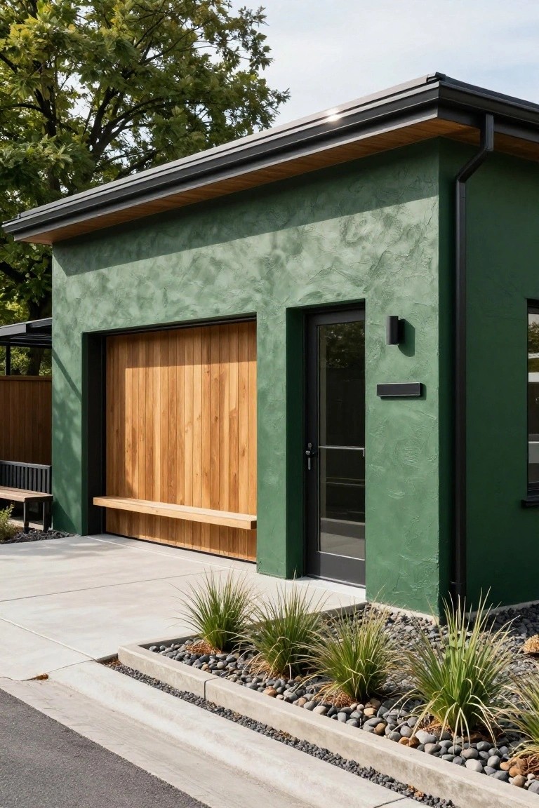 A modern green stucco house exterior featuring a large vertical wooden garage door, black-framed glass entry door with wall light, and a front planting bed of grasses and pebbles along the concrete driveway.