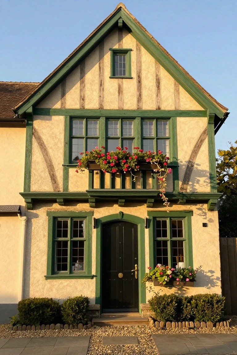 Sage Green Trim on Half-Timbered Facades