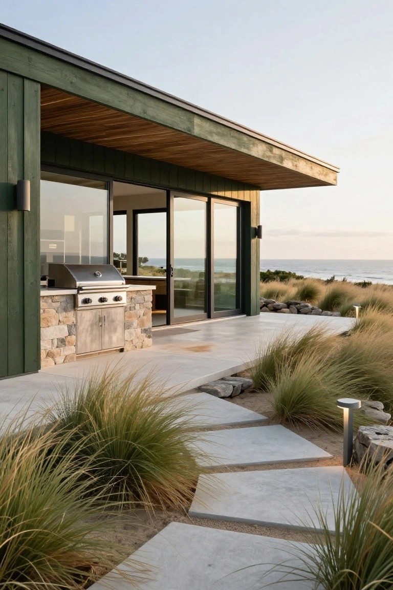 Corner view of a modern house with dark sage green vertical wood siding, cedar wood ceiling overhang, large glass sliding doors, built-in stone outdoor grill, concrete paver path, dune grasses, rocks, and ocean in the background at dusk.