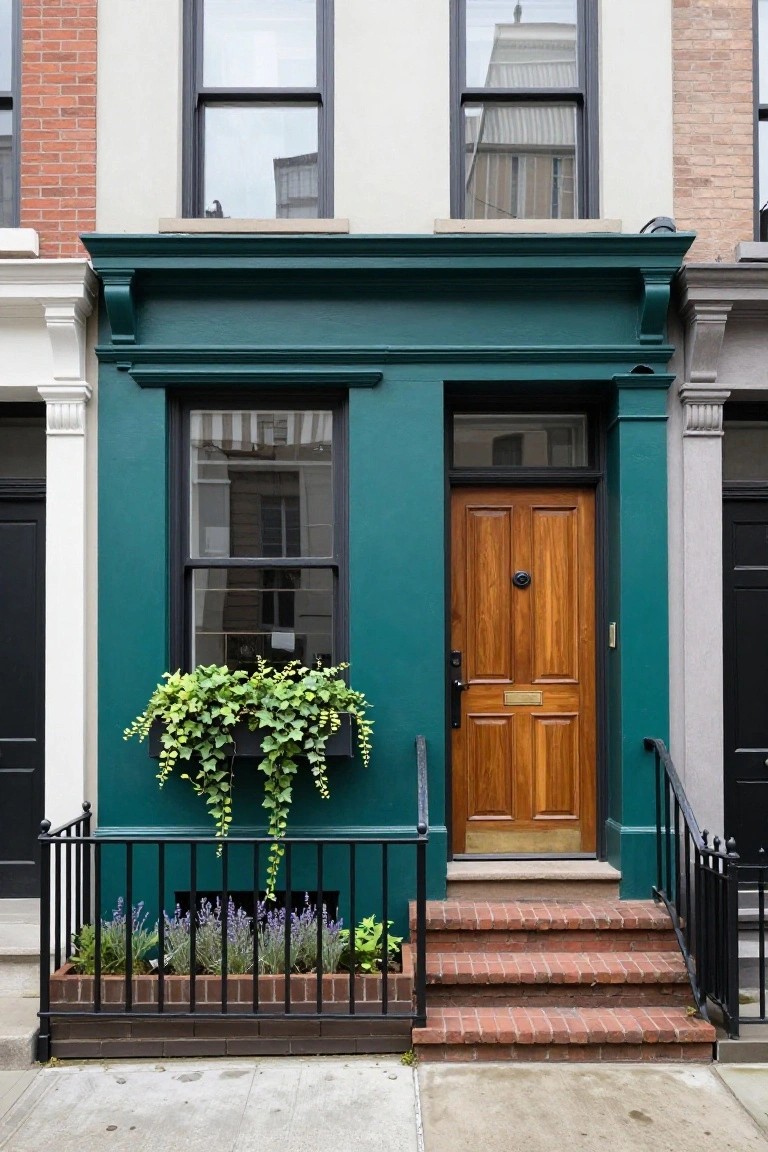 Teal green townhouse exterior with black-framed double-hung windows, wooden paneled front door with brass hardware, ivy-filled window box, lavender planter box, black metal railing, and red brick steps on a city sidewalk between white and beige neighboring buildings.