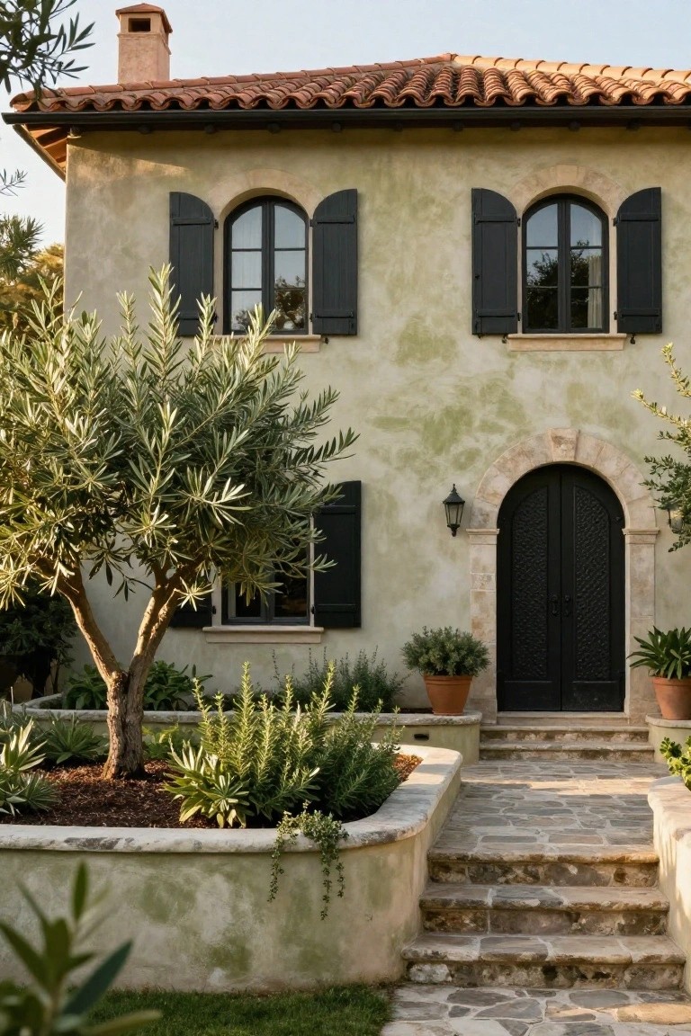 Pale green stucco two-story house exterior with terracotta tile roof, black shutters on arched windows, black arched front door with lantern light, olive tree, raised planting bed, and potted plants by stone steps.
