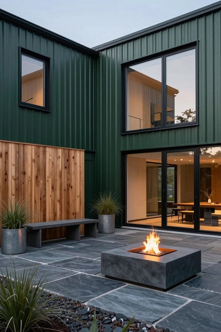 Corner exterior view of a two-story house clad in dark green corrugated metal siding with black-framed windows and sliding glass doors, adjacent to a slate tile patio featuring a square concrete fire pit, wooden bench, metal planters with grasses, and a cedar wood fence.