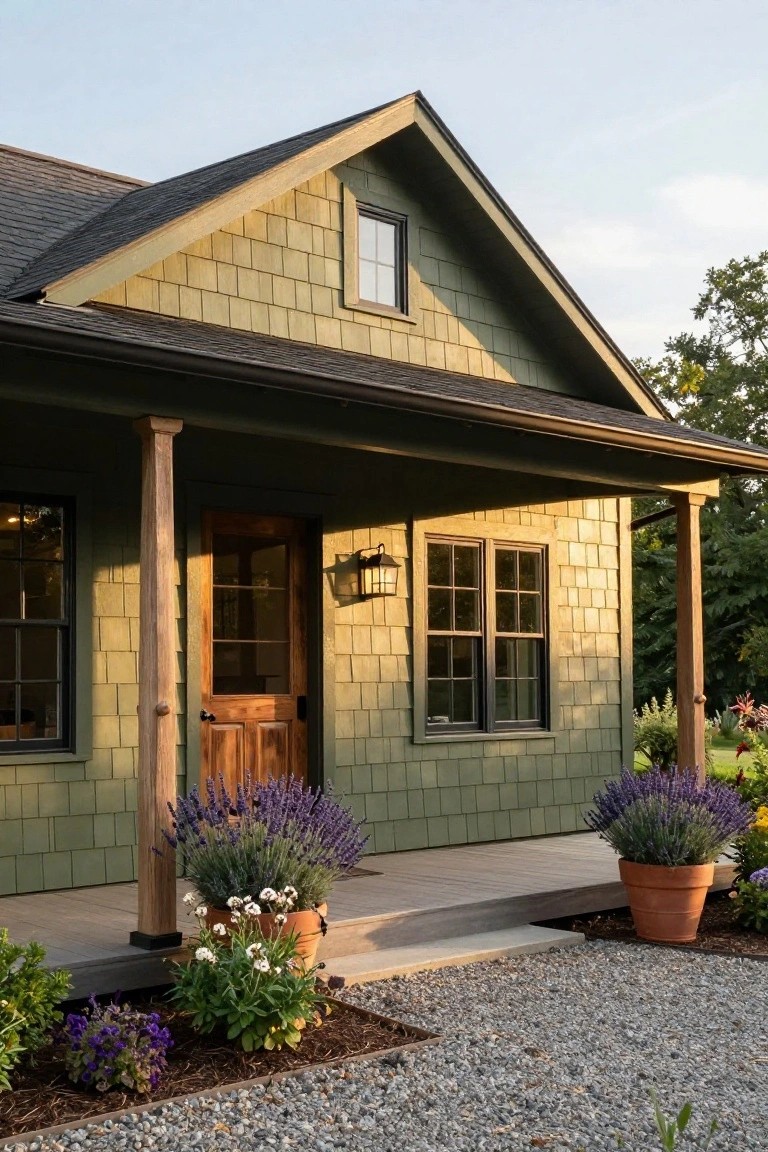 Front exterior of a dark green shingle-sided house with black-framed windows, wooden front door and porch posts, lantern light, and potted lavender plants on gravel near steps.
