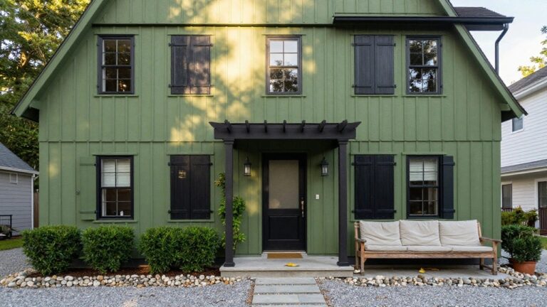 Front exterior view of a small gabled green clapboard house with black-framed double-hung windows, black shutters, black front door on a porch, flanked by boxwood hedges, a weathered wood bench, and a pebble-inlaid stone pathway.