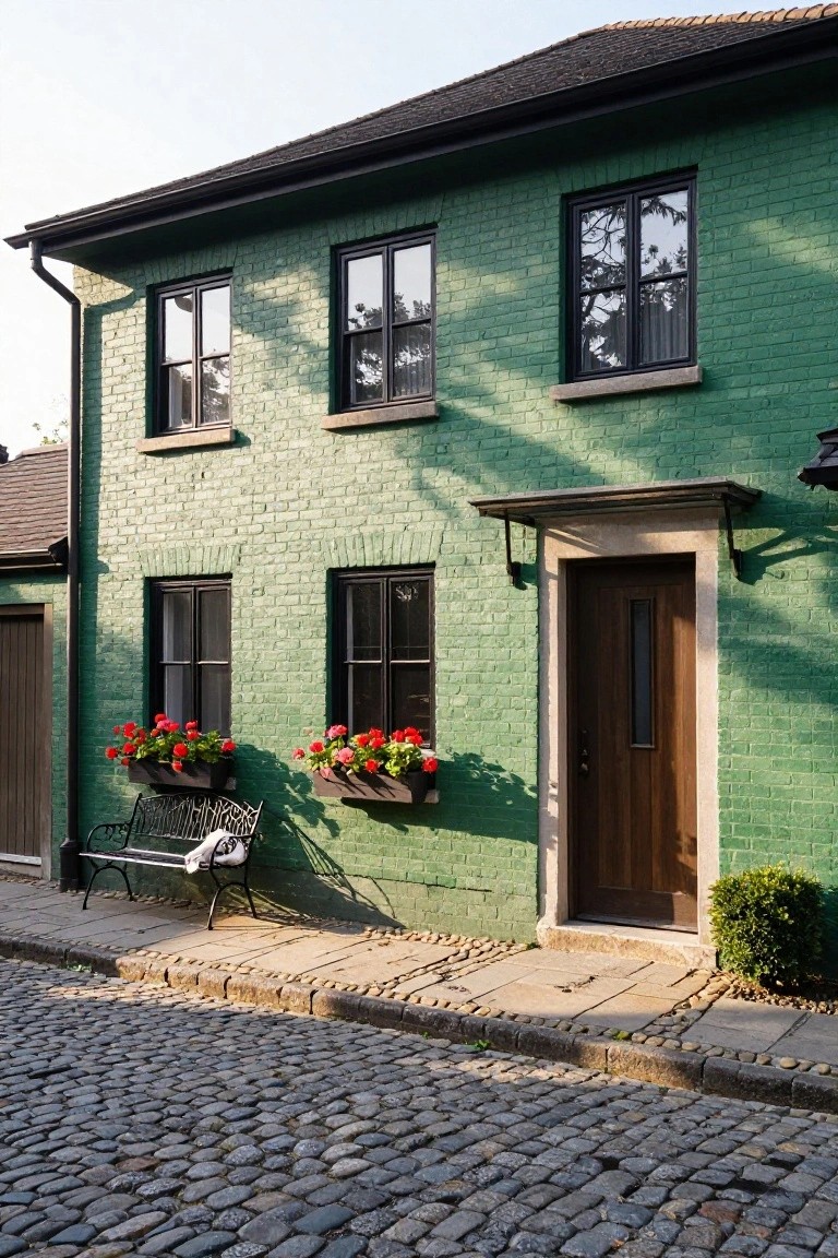 A two-story green brick townhouse with black window frames, wooden front door, red geraniums in window boxes, wrought-iron bench, and cobblestone street.