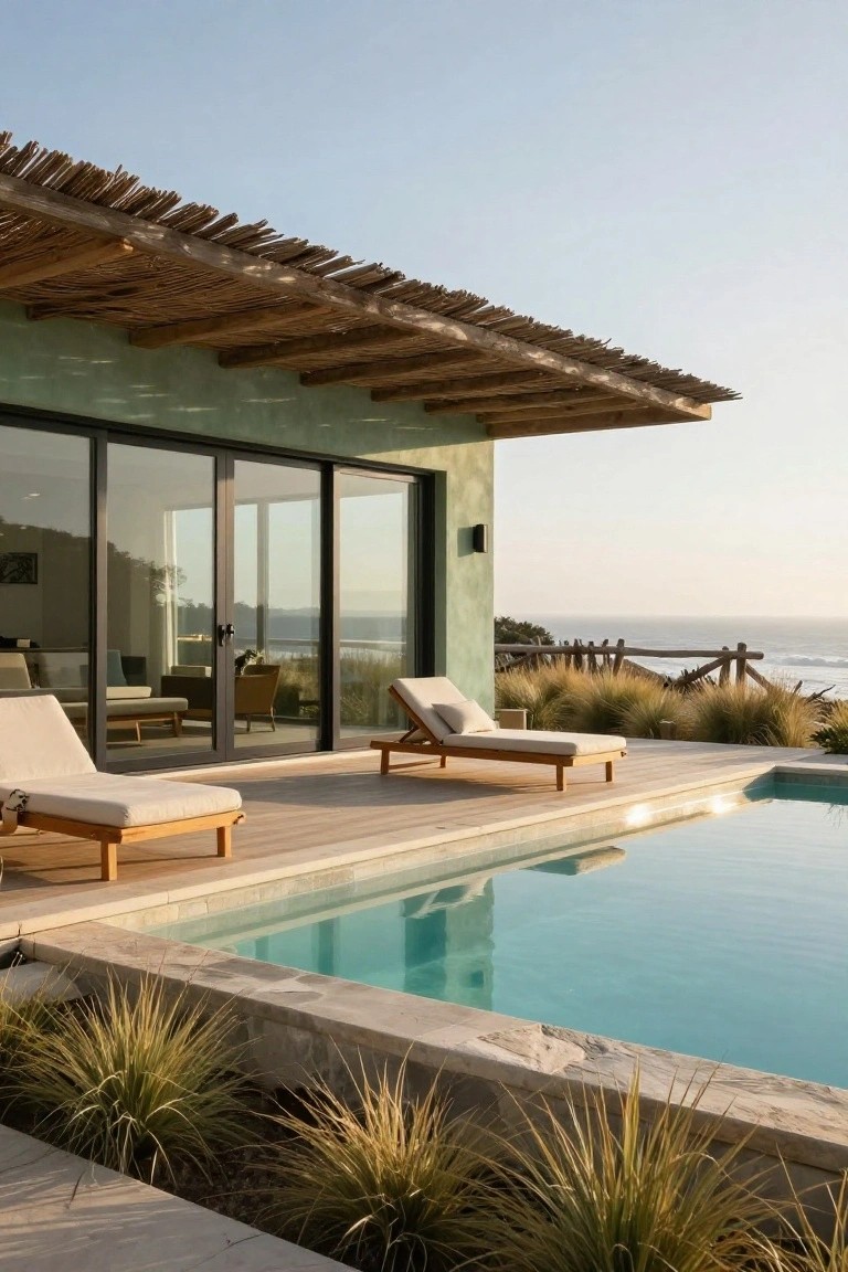Green house exterior with thatched roof overhang, black-framed sliding glass doors opening to a wooden deck with two lounge chairs, adjacent infinity pool edged in stone, grasses, and ocean view in the background.