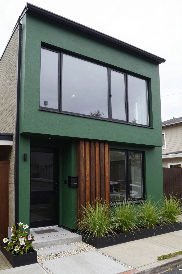 Front exterior of a two-story green stucco house with large black-framed windows, wooden slats beside the black entry door, grasses in black planters, and pebble path.