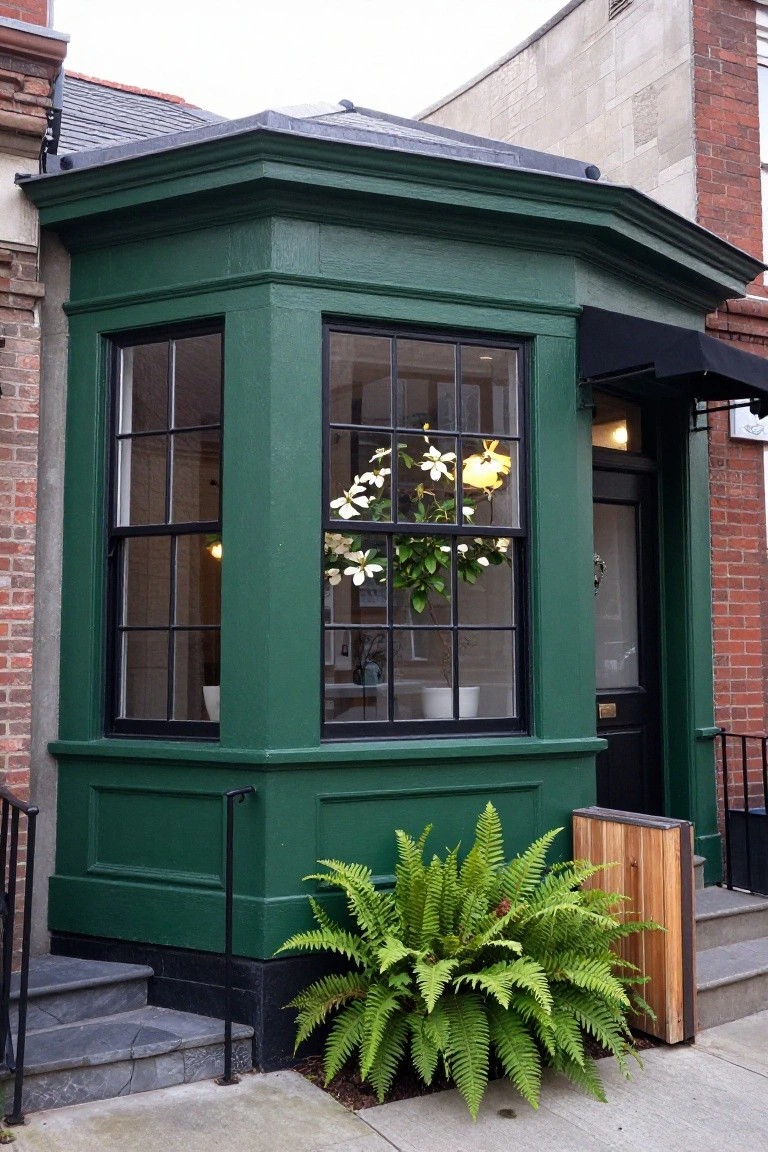 Dark green painted octagonal bay window extension on a brick rowhouse exterior with black window frames, black front door, hanging plant wreath in window, potted ferns, wooden planter, and slate steps.
