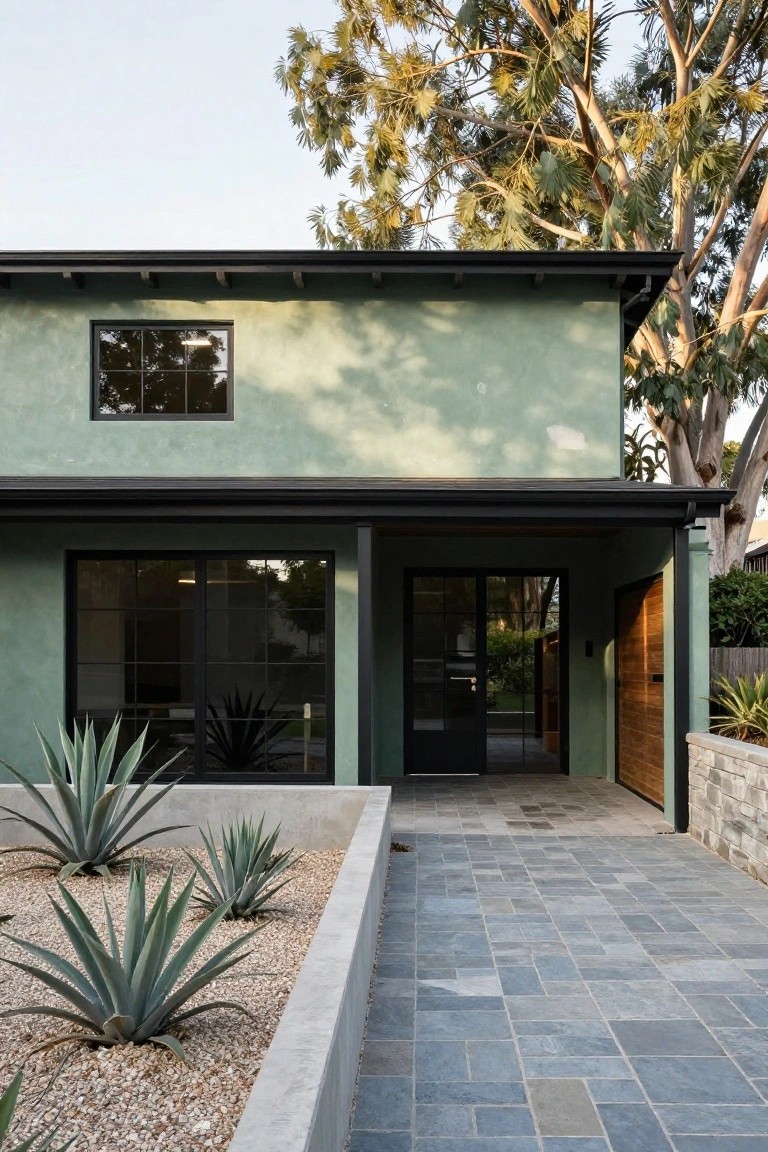 Front exterior of a mint green stucco house with black-framed windows and sliding glass doors, a black front door, wooden garage door, raised concrete planter box filled with agave plants and gravel, bluestone paver pathway, and eucalyptus trees nearby.