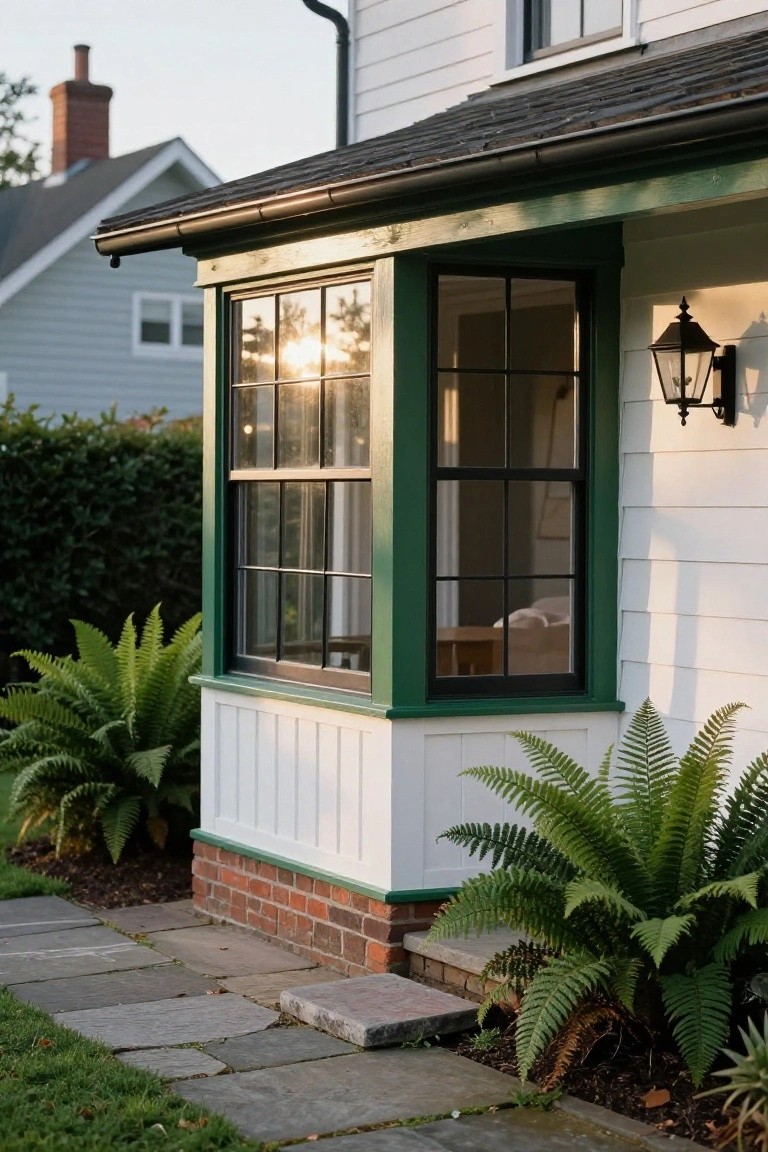 White clapboard house exterior featuring a green-trimmed black-framed bay window, with ferns planted nearby and a stone path leading up.