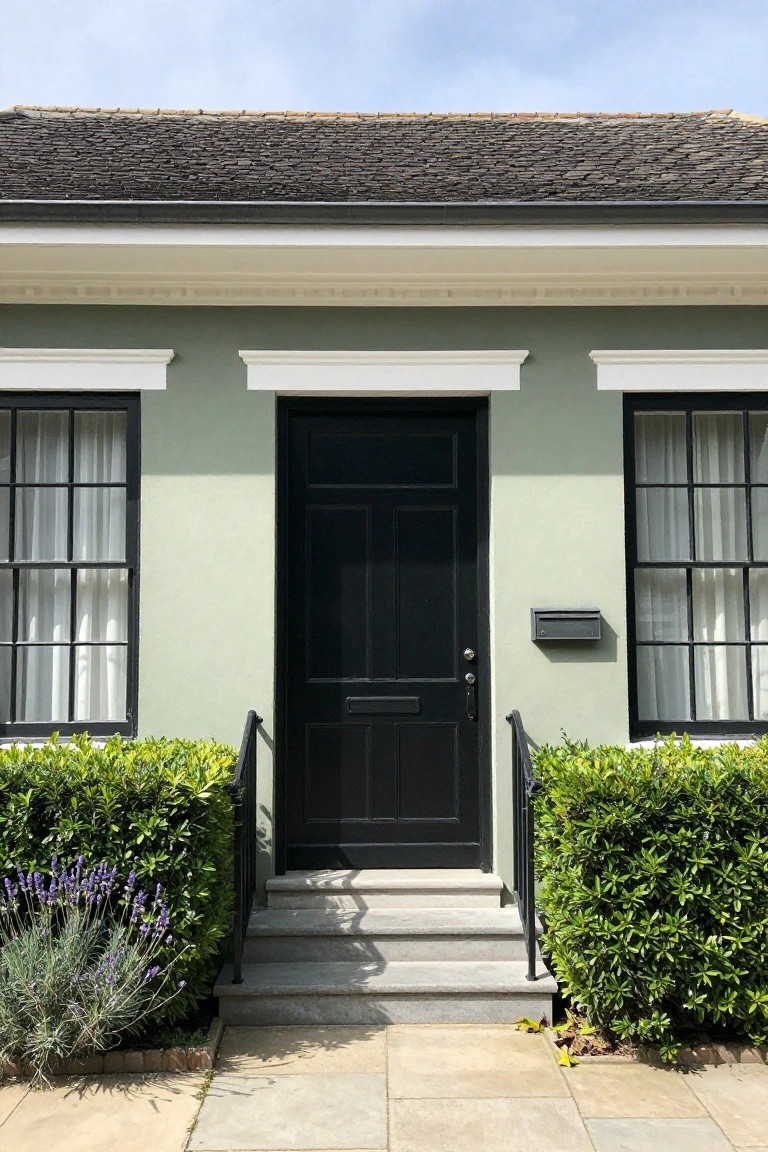 Sage green house facade with black-framed double-hung windows, black front door, white trim above windows, stone steps with black railing, boxwood shrubs flanking the entry, lavender plants nearby, and a gray mailbox on the wall.
