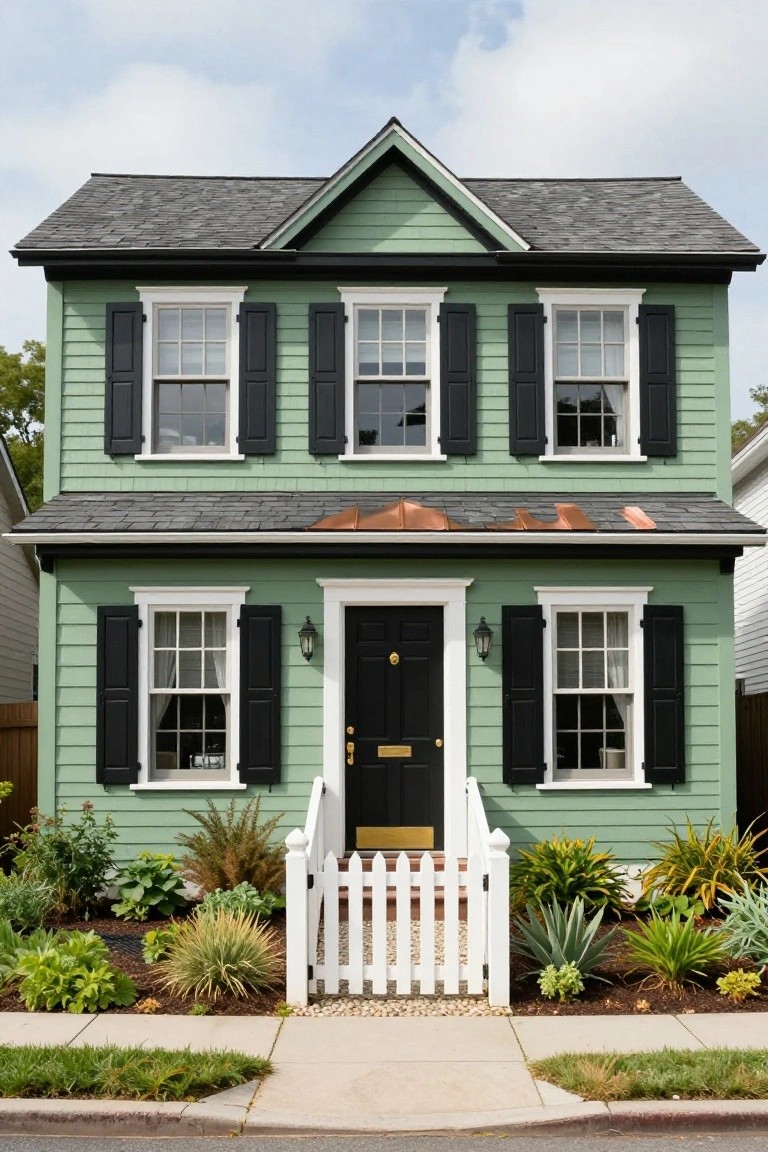 A two-story sage green house with black shutters on white-trimmed windows, black front door, dark shingle roof with copper accents, white picket fence, and landscaped front yard.
