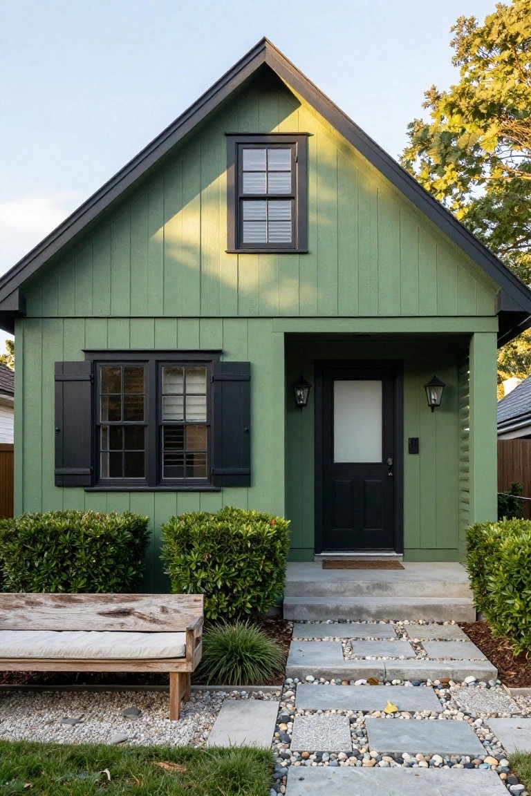 Front exterior view of a small gabled green clapboard house with black-framed double-hung windows, black shutters, black front door on a porch, flanked by boxwood hedges, a weathered wood bench, and a pebble-inlaid stone pathway.