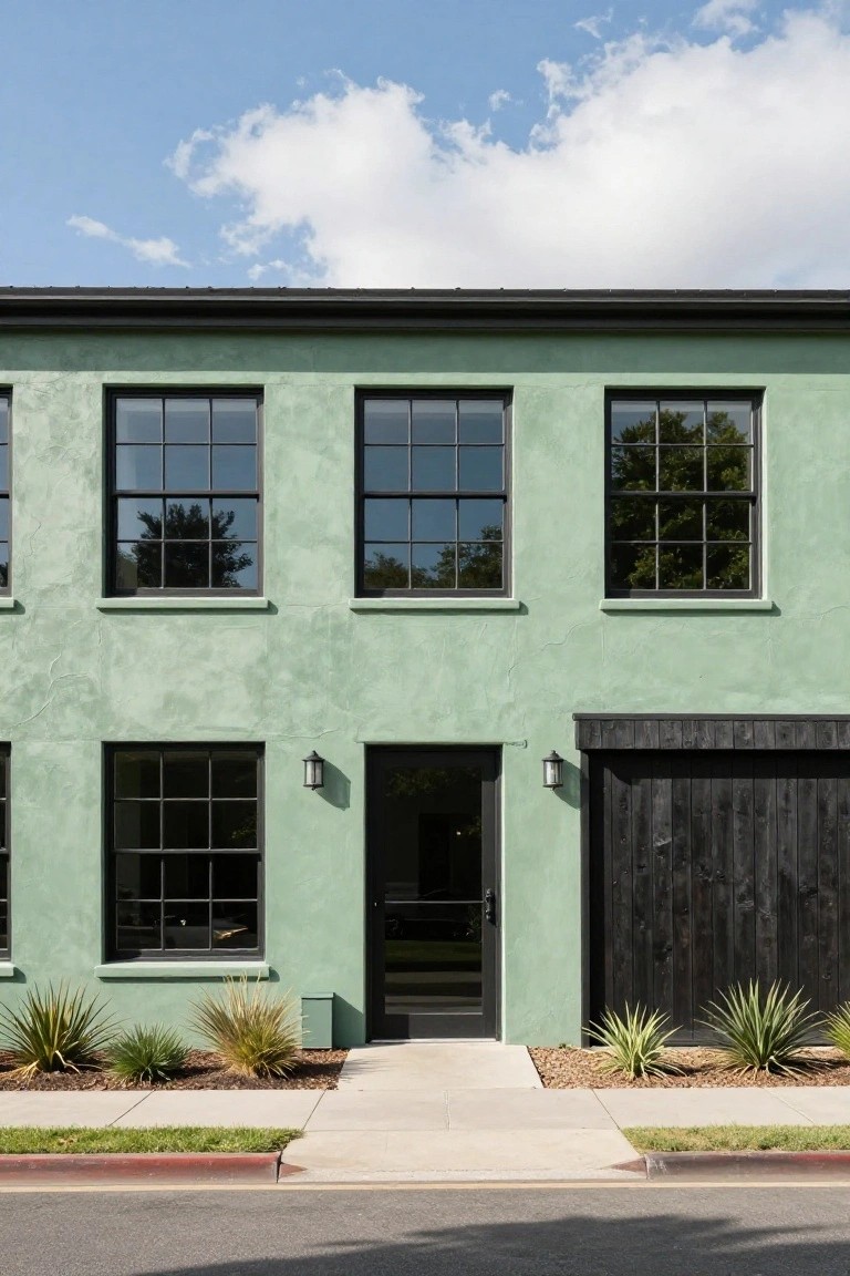 Front exterior of a single-story sage green stucco house with black-framed grid windows, black front door, black wood garage door, wall-mounted lanterns, yucca plants, gravel mulch, and concrete walkway under a partly cloudy blue sky.