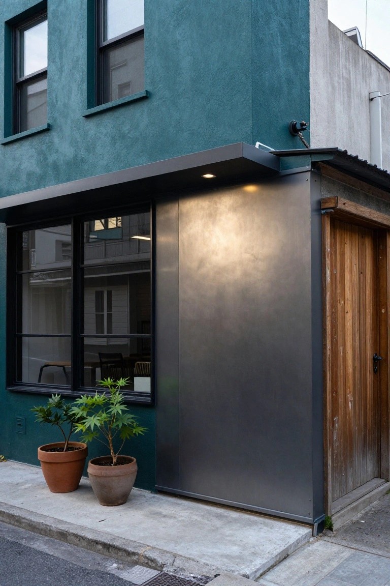 Teal-painted corner house exterior with black-framed windows, metallic gray wall panel, wooden side door, metal awning, and two potted plants on concrete sidewalk.