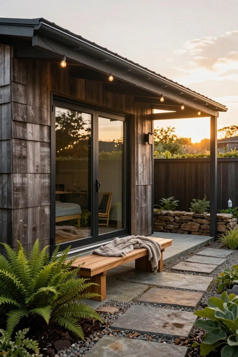 Side exterior of a small cabin-style house with dark gray shingle siding, large black sliding glass doors, wooden bench on stone pathway, ferns and plants, string lights under eaves at sunset.