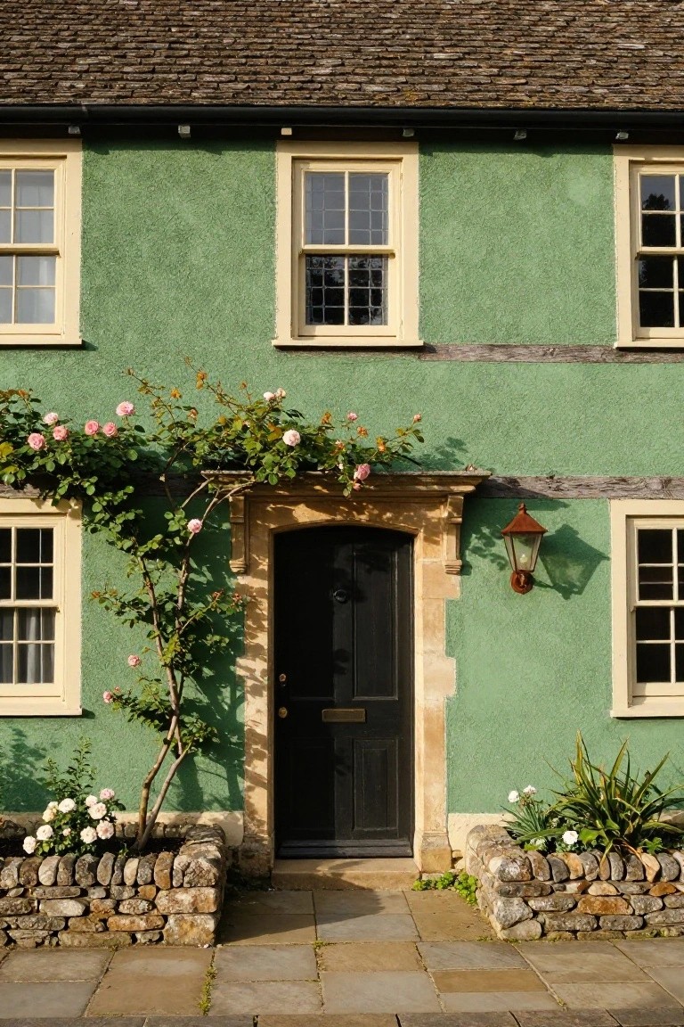 Two-story green painted house exterior with cream window frames, black front door in a stone archway, pink climbing roses draping over the porch, copper lantern light, white flower beds in stone planters, and stone paving in front.