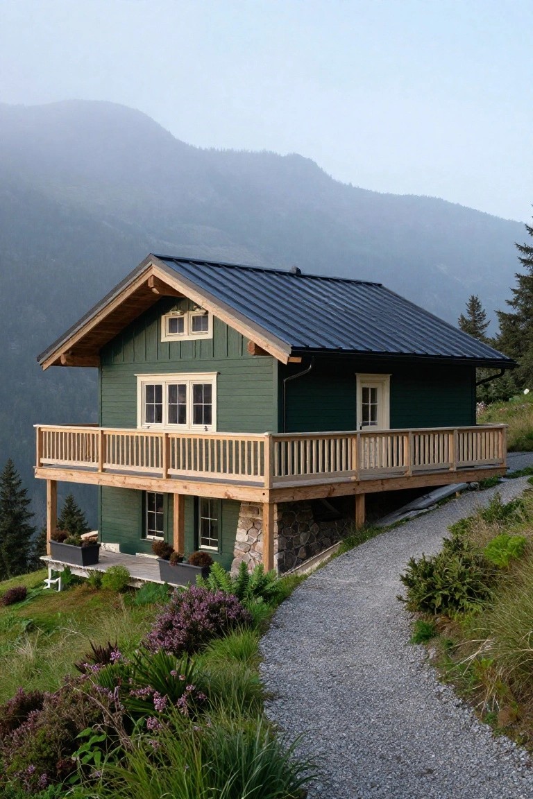 Dark green chalet-style house with cream trim on multi-pane windows and doors, black metal roof, elevated wooden deck and stone base, gravel path leading up amid plants on misty mountain hillside.