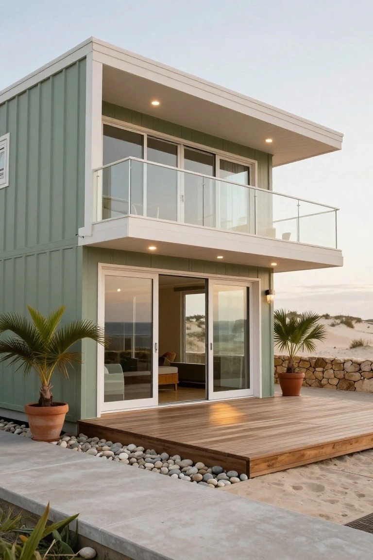 Two-story modern house with seafoam green corrugated siding and white trim, including a second-floor balcony with glass railing and ground-level sliding glass doors opening to a wooden deck surrounded by potted palms, rocks, and sand near the ocean.