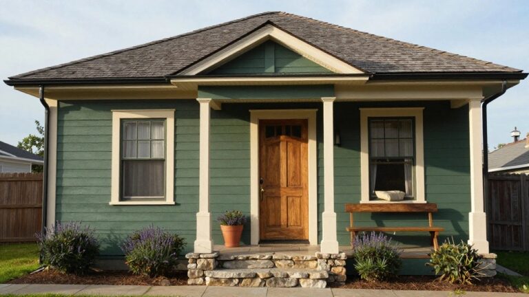 Front view of a sage green clapboard house with cream trim, white porch columns, wooden screen door, potted lavender plants, and stone steps amid low landscaping.
