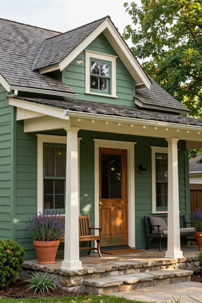 Front view of a sage green clapboard house with cream trim, white porch columns, wooden screen door, potted lavender plants, and stone steps amid low landscaping.