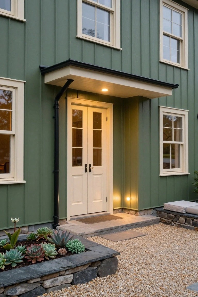 Front entry of a dark green vertical board house with cream window and door trim, white double doors under a small porch roof, black downspout, stone succulent planter, gravel path, and stone bench.
