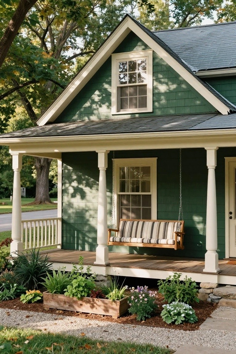 Green shingle-sided house exterior with cream trim on porch columns, railing, and windows, a hanging wooden swing on the porch, and a planted garden bed with stone edging along the front.