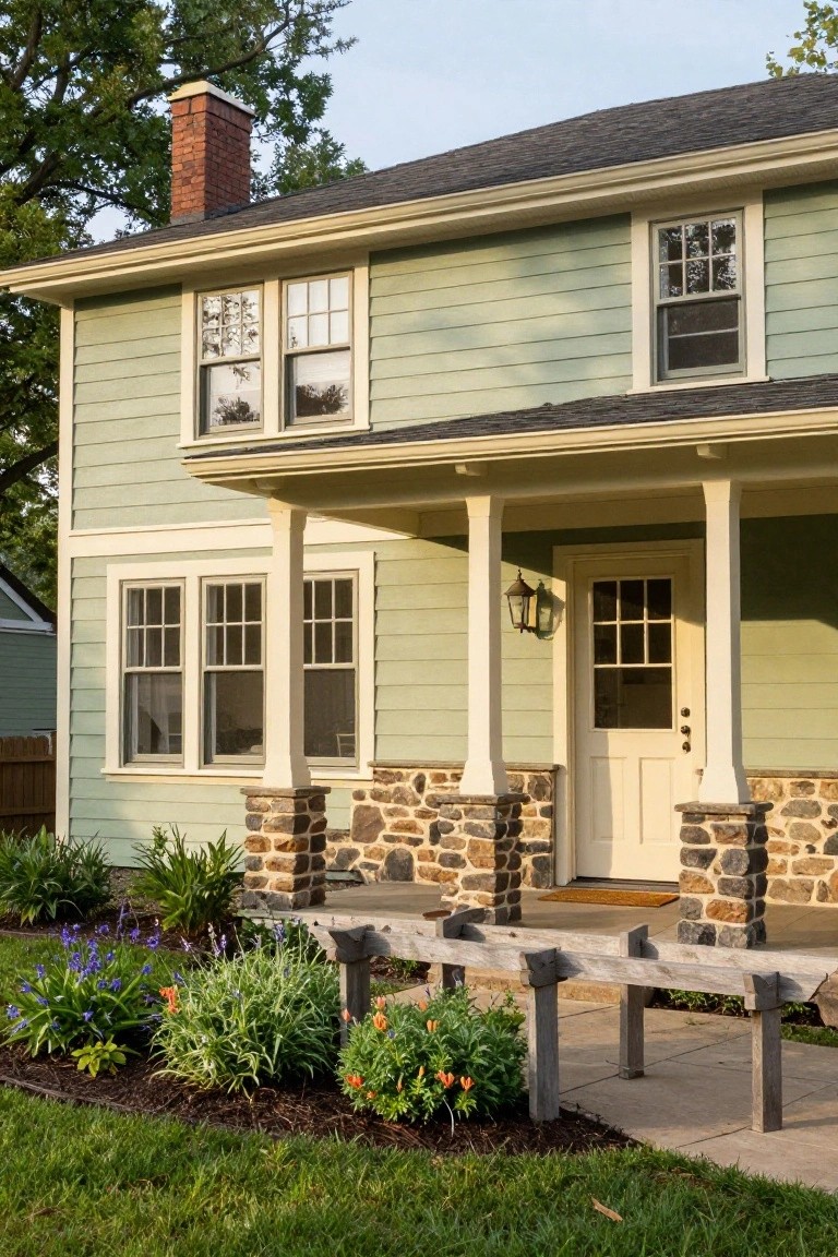 Two-story house with light green clapboard siding and cream trim around multipane windows and doors, covered front porch with white door flanked by columns on fieldstone bases, wooden bench, and landscaped flower beds in front yard.