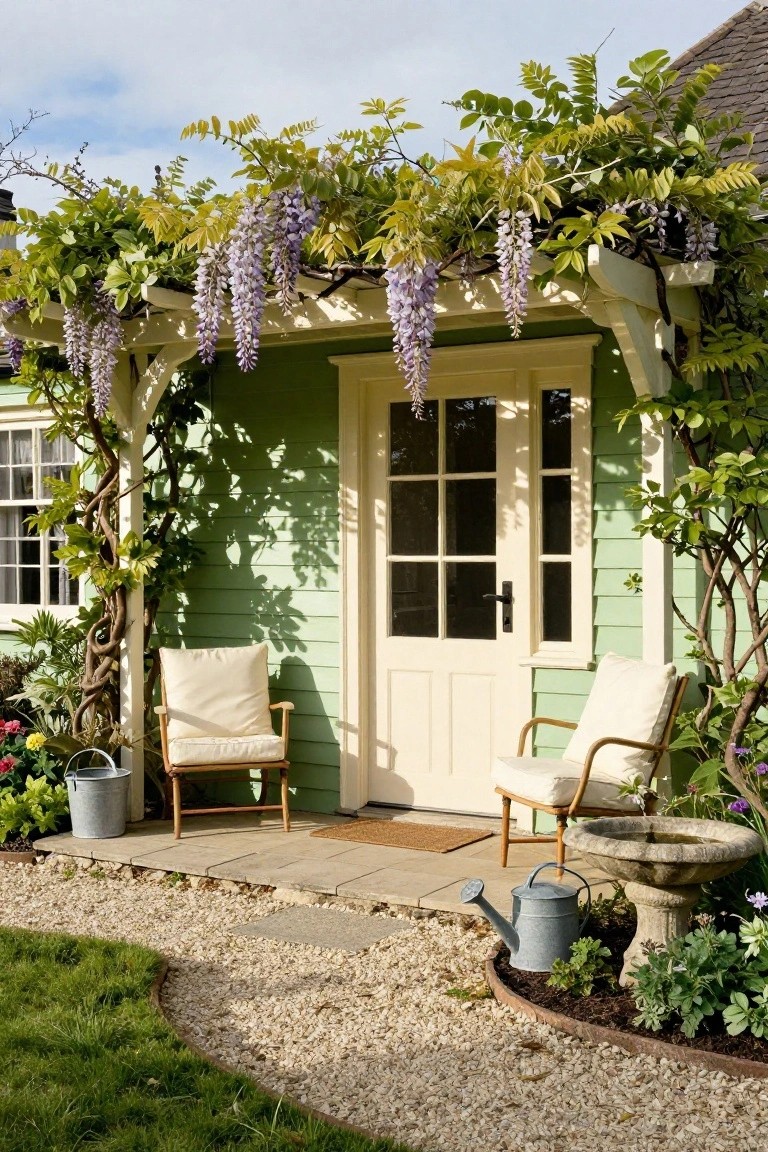 Mint green wooden garden shed with cream door and window frames under a pergola covered in purple wisteria vines, two cushioned chairs on the porch, potted plants, watering cans, stone birdbath, gravel path, and surrounding greenery.