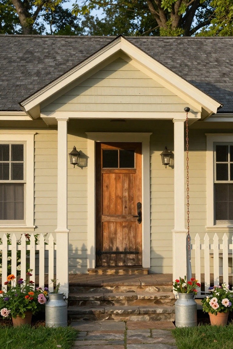 Front exterior of a small pale green house with cream trim on the porch columns and windows, a wooden door, lanterns, white picket fence, and flowers in metal milk cans beside stone steps.