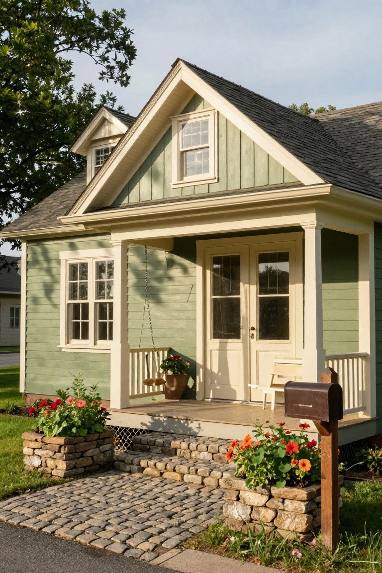 Small sage green clapboard house with cream trim, gable roof, covered front porch with double doors, hanging plants, potted flowers, stone steps, and cobblestone path leading to the entry.