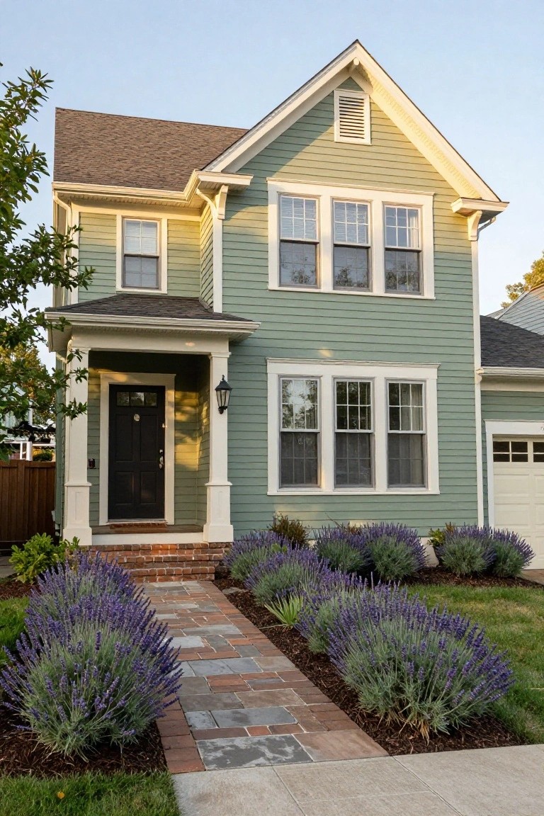 Two-story house painted sage green with cream trim on windows and porch, dark front door, brick pathway lined with lavender bushes leading to driveway and garage.