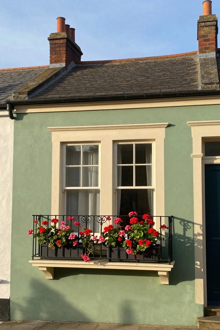 Sage green painted two-story terraced house exterior with cream trim around a multi-pane sash window, black wrought-iron balcony planter filled with red geraniums, and adjacent blue front door.