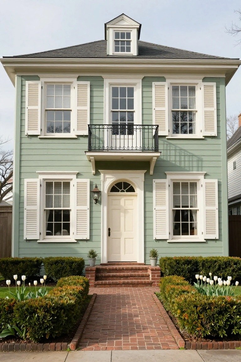 A two-story pale green house with cream trim, white arched front door, louvered shutters, small upper balcony, brick steps and path, boxwood hedges, and tulips in the front yard.