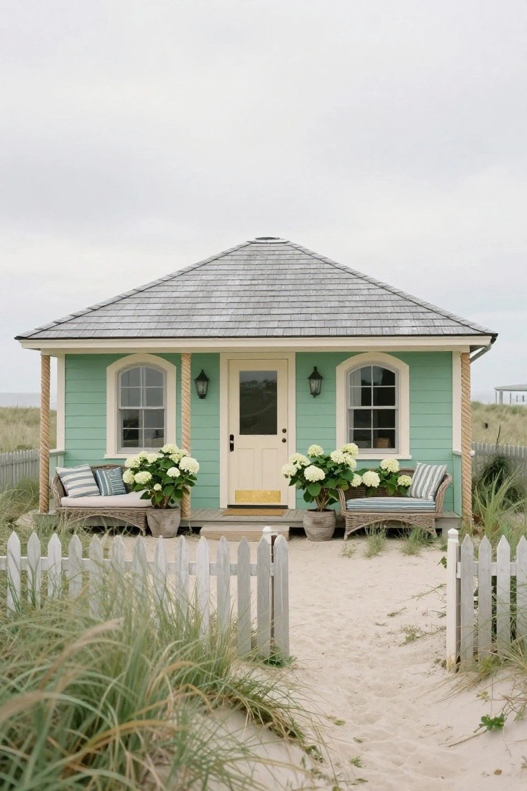 Small mint green clapboard cottage with gray shingle roof, cream window trim, pale yellow door, rope-wrapped porch posts, wicker benches with hydrangeas, white picket fence, sand path, and beach grass dunes.
