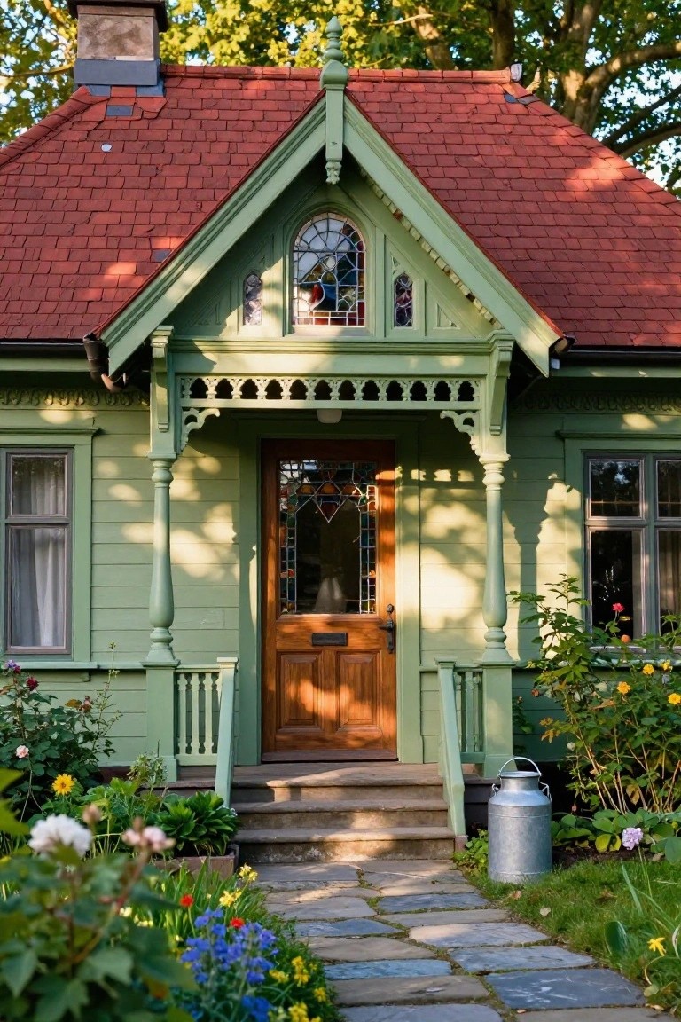 Mint green house with ornate carved porch, stained glass door and window, red tile roof, flanked by flowers and a stone path leading to steps with a metal milk pail nearby.