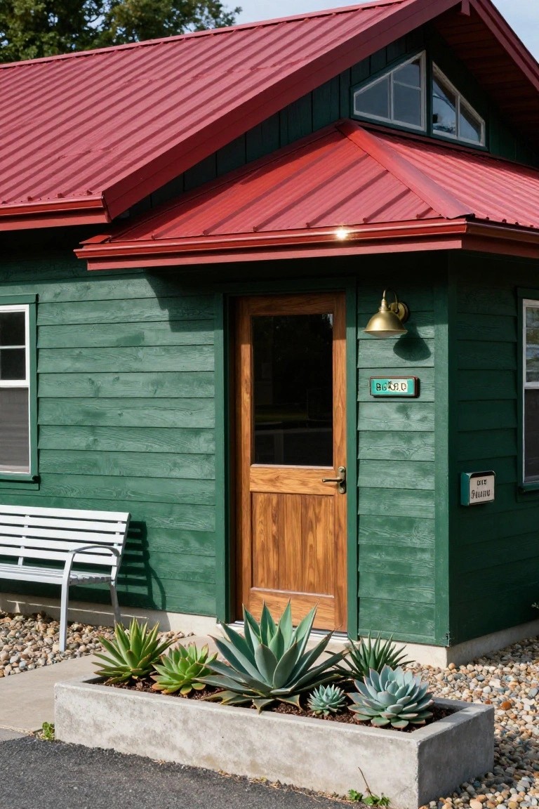 A small green clapboard cabin with a red metal roof, wooden entry door with glass panel, brass wall light, white bench, 