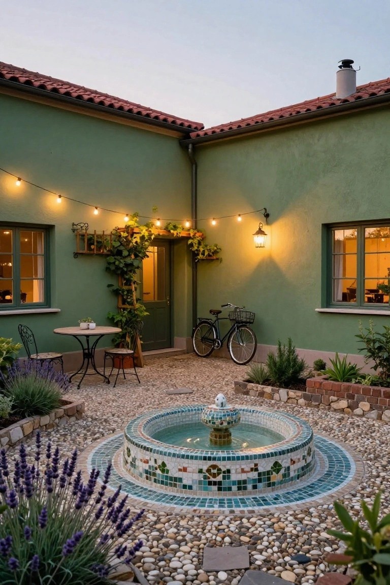 Green stucco house with red tile roof and courtyard patio featuring central round mosaic fountain, gravel ground, bistro table with two chairs, potted plants, bicycle, and string lights.