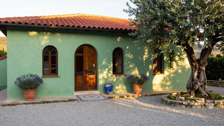 Sage green stucco house exterior with red tile roof, arched white-framed windows, wooden arched door, lavender in terracotta pots, gravel courtyard, mossy stone steps, and olive tree in Mediterranean hillside setting.