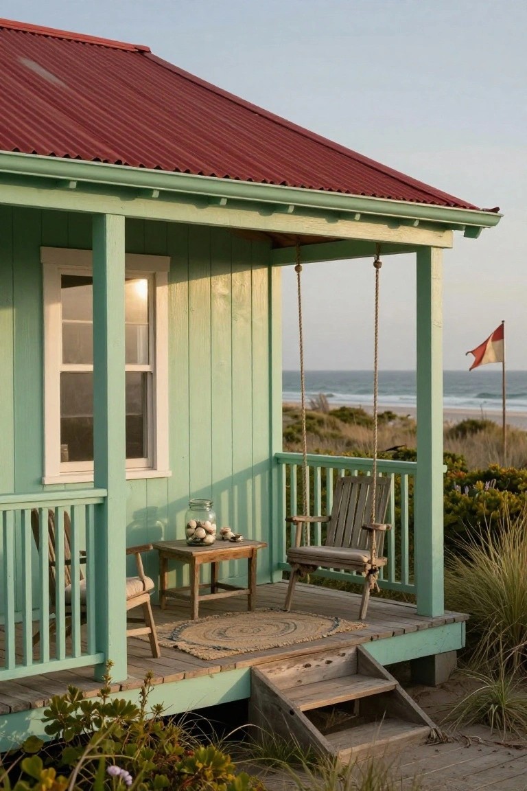 Side exterior of a light green wooden house with red corrugated metal roof, featuring a porch with rope swing, wooden chairs, small table, and jar of seashells overlooking ocean dunes.