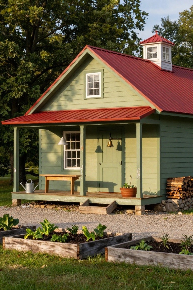 Small sage green wooden house with red metal roof and cupola, covered front porch with wooden bench, watering can, potted plant, bell on green door, firewood stack, and raised vegetable garden beds on gravel in front of trees.