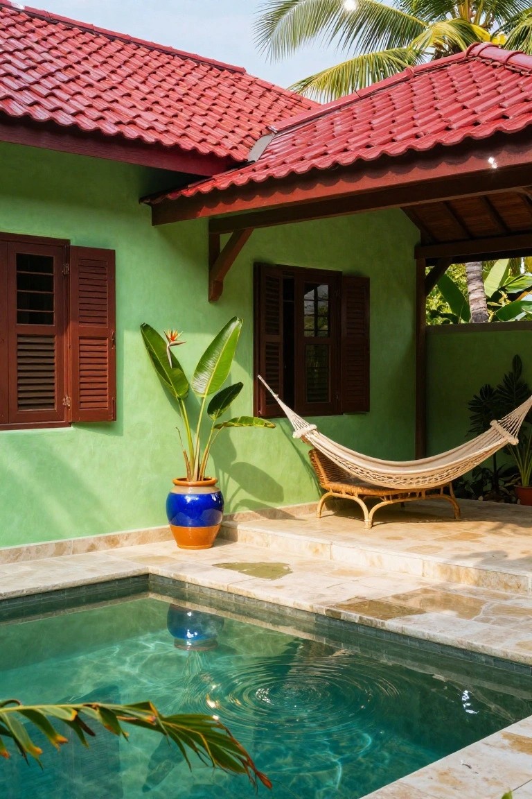 Mint green house exterior with red curved-tile roof, dark wooden shutters, large potted bird-of-paradise plant, woven hammock on wooden stand, and small rectangular pool with turquoise water in tropical setting.