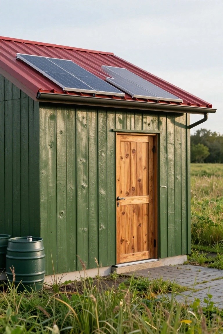 Small green wooden shed with red metal roof and two solar panel arrays, wooden door, green plastic barrels nearby, and surrounding tall grass in a field.