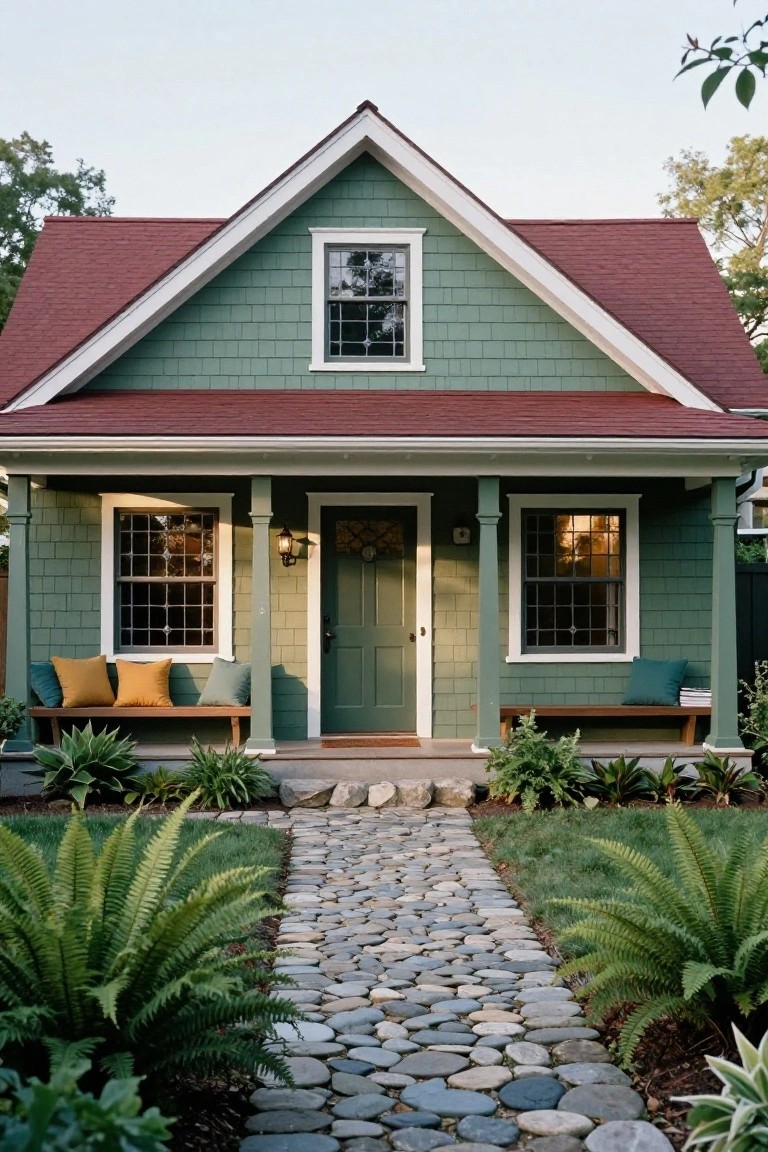 Green shingled bungalow house with red gable roof, white-trimmed windows and door, covered front porch with benches and pillows, stone pebble path, and ferns in the yard.