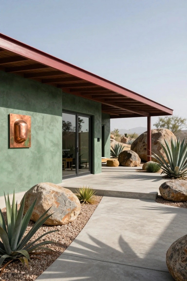 Exterior of a sage green stucco house under a red steel roof overhang with glass sliding doors, a copper wall sculpture, concrete patio, and desert landscaping including large boulders and agave plants.
