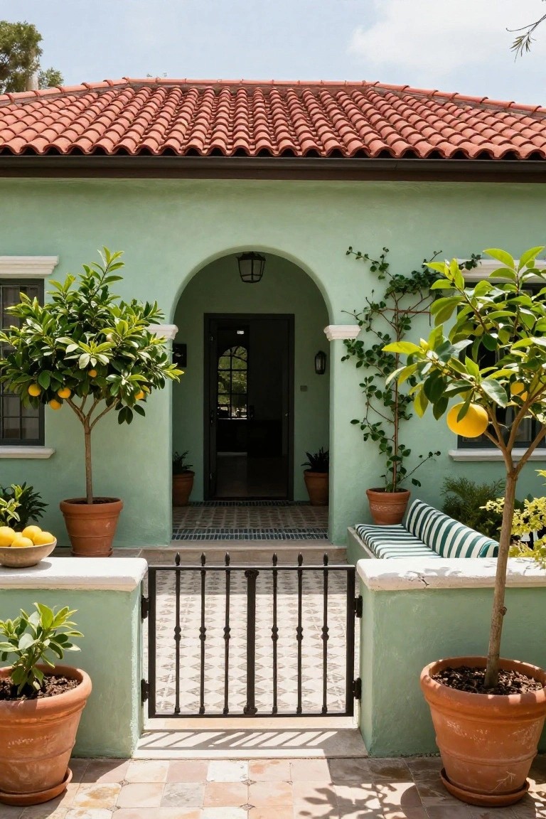Front view of a pale green stucco house with red barrel tile roof, arched entryway, black wrought iron gate, potted lemon trees, and a striped bench beside the door.