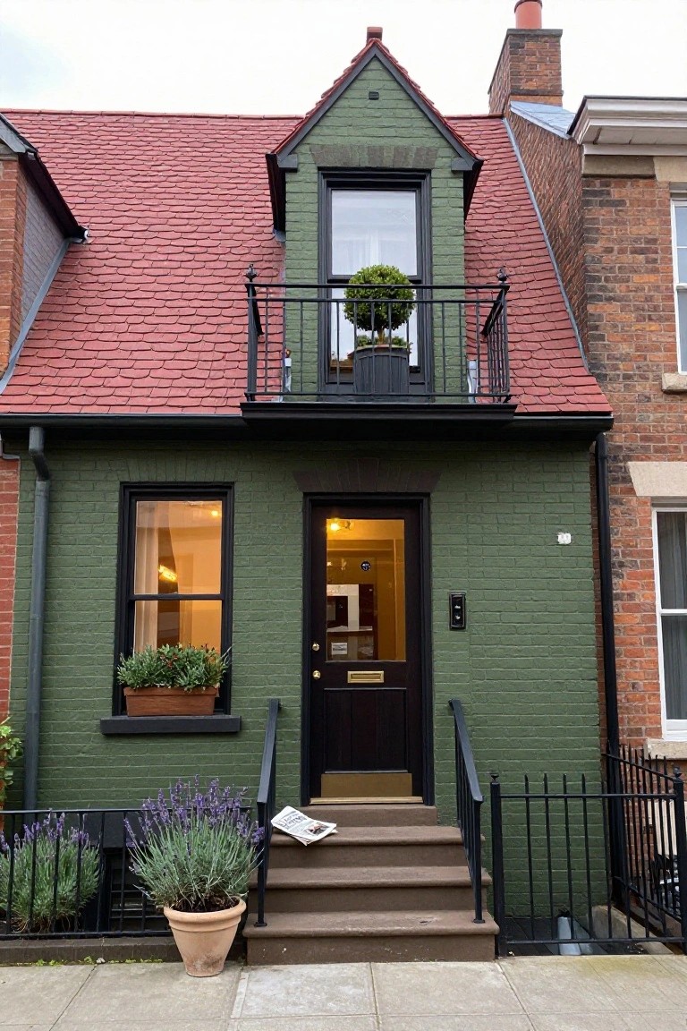 Green-painted two-story brick townhouse with red tiled roof, small black metal balcony holding a potted topiary, window boxes with plants, potted lavender plants by the steps, dark wood front door with brass knocker, and a newspaper on the brownstone steps.